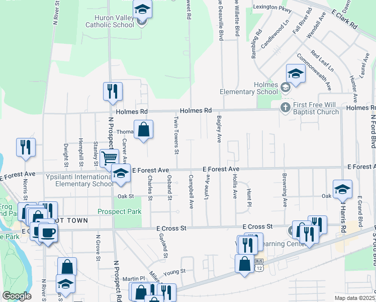 map of restaurants, bars, coffee shops, grocery stores, and more near 739 Campbell Avenue in Ypsilanti
