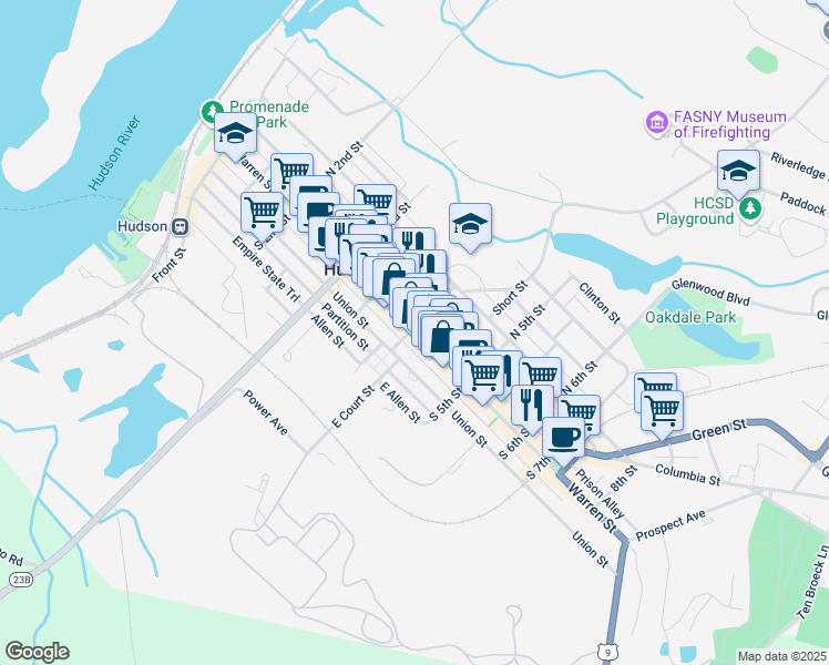 map of restaurants, bars, coffee shops, grocery stores, and more near 2 South 4th Street in Hudson