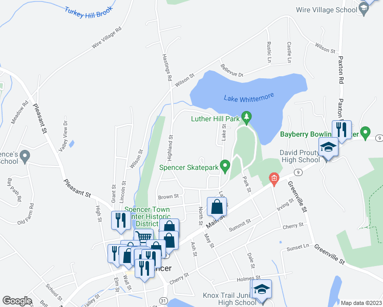 map of restaurants, bars, coffee shops, grocery stores, and more near 17 Lake Street in Spencer