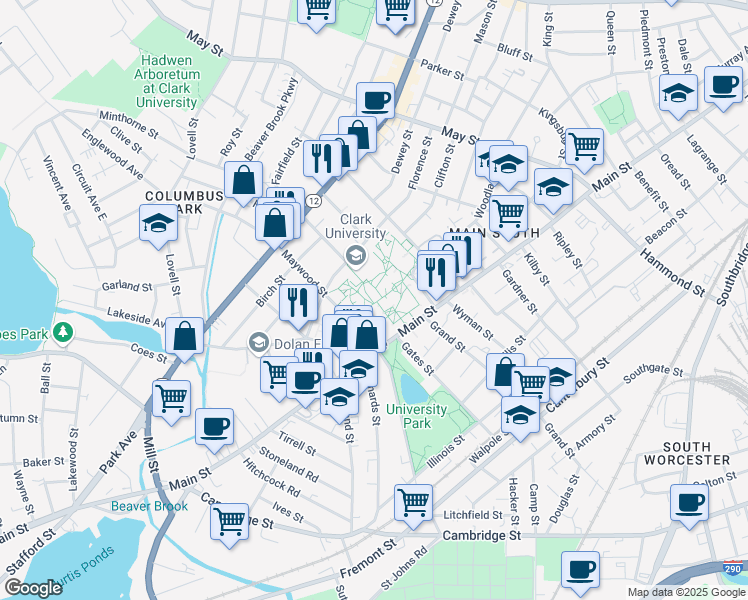 map of restaurants, bars, coffee shops, grocery stores, and more near 950 Main Street in Worcester