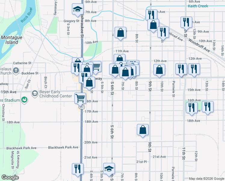 map of restaurants, bars, coffee shops, grocery stores, and more near South 6th Street in Rockford
