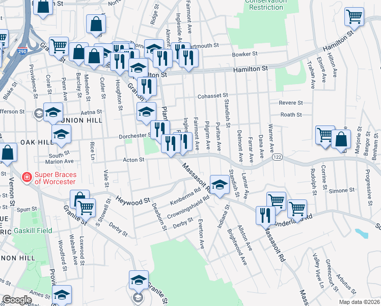 map of restaurants, bars, coffee shops, grocery stores, and more near 501 Grafton Street in Worcester