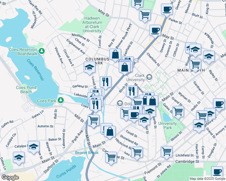 map of restaurants, bars, coffee shops, grocery stores, and more near 75 Birch Street in Worcester
