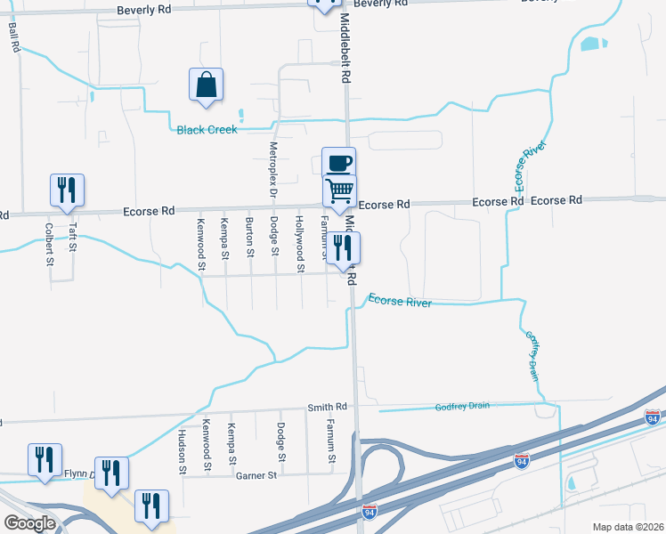 map of restaurants, bars, coffee shops, grocery stores, and more near 7339 Farnum Street in Romulus