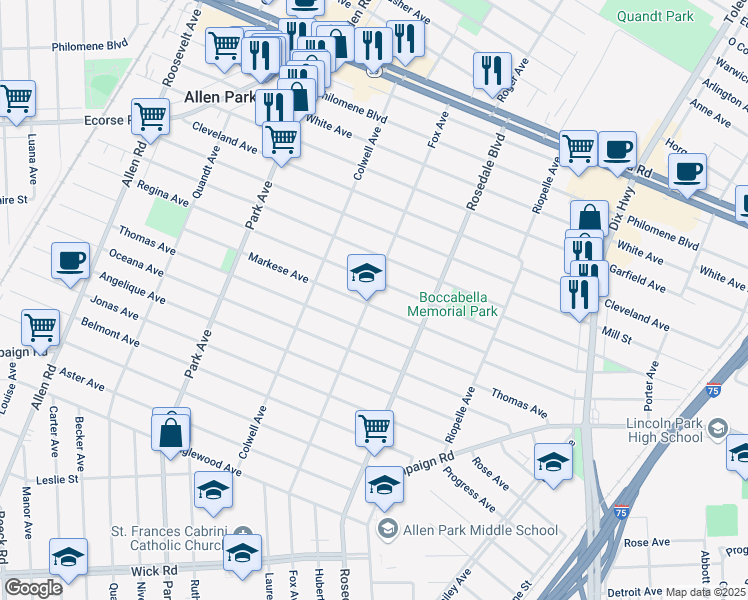map of restaurants, bars, coffee shops, grocery stores, and more near 7500 Fox Avenue in Allen Park