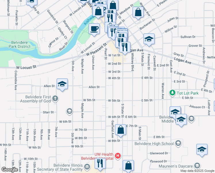 map of restaurants, bars, coffee shops, grocery stores, and more near 1017 Pearl Street in Belvidere