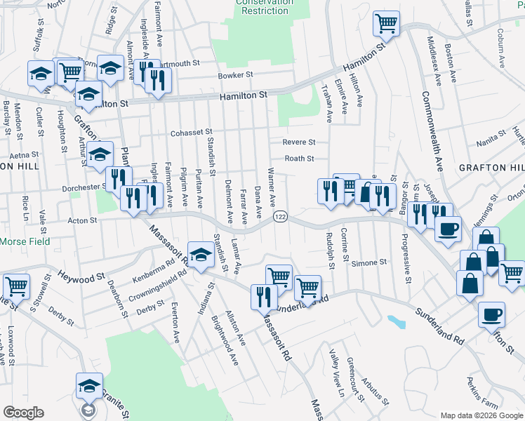 map of restaurants, bars, coffee shops, grocery stores, and more near in Worcester