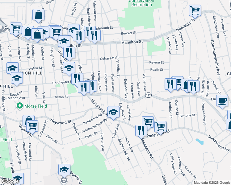map of restaurants, bars, coffee shops, grocery stores, and more near 560 Massachusetts 122 in Worcester