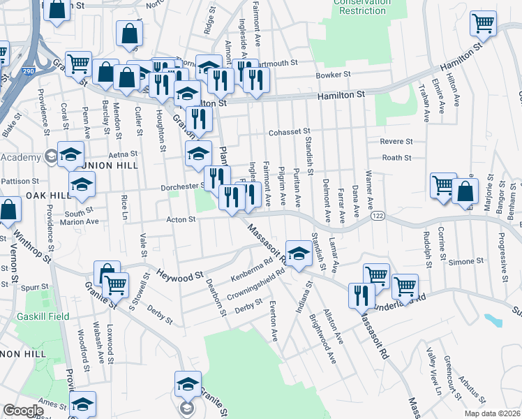 map of restaurants, bars, coffee shops, grocery stores, and more near 500 Grafton Street in Worcester