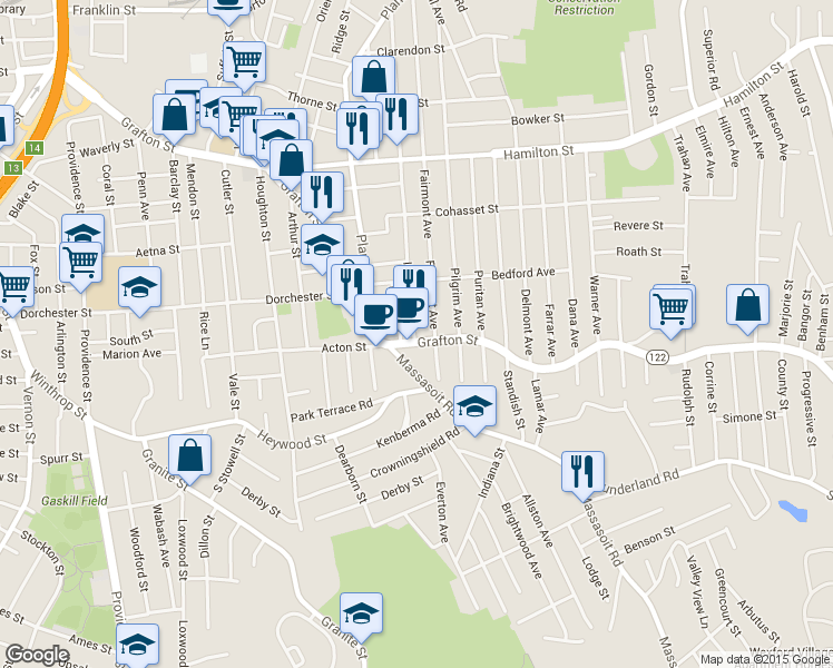 map of restaurants, bars, coffee shops, grocery stores, and more near 500 Grafton Street in Worcester