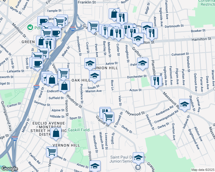 map of restaurants, bars, coffee shops, grocery stores, and more near 14 Shannon Street in Worcester