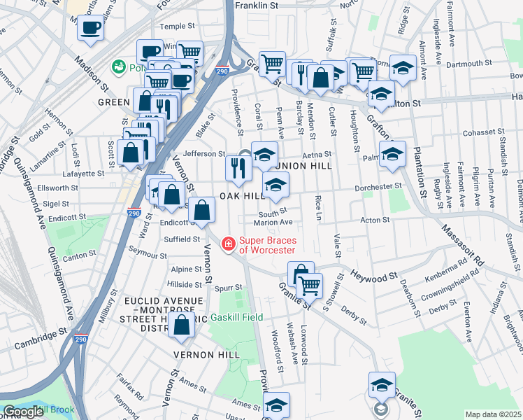 map of restaurants, bars, coffee shops, grocery stores, and more near 19 Marion Avenue in Worcester