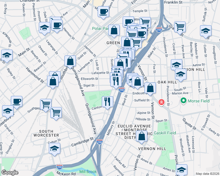 map of restaurants, bars, coffee shops, grocery stores, and more near 196 Millbury Street in Worcester