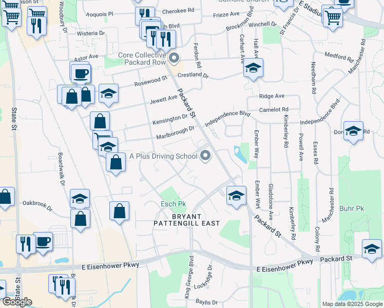map of restaurants, bars, coffee shops, grocery stores, and more near 1507 Pine Valley Boulevard in Ann Arbor
