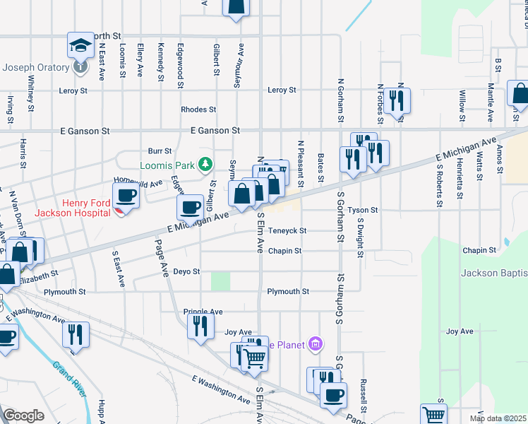 map of restaurants, bars, coffee shops, grocery stores, and more near 121 South Elm Avenue in Jackson