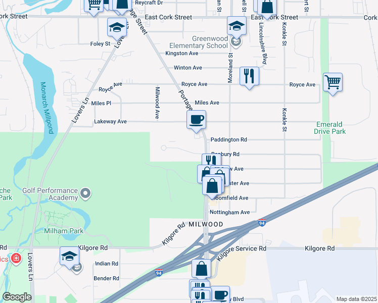 map of restaurants, bars, coffee shops, grocery stores, and more near 1412 Banbury Road in Kalamazoo