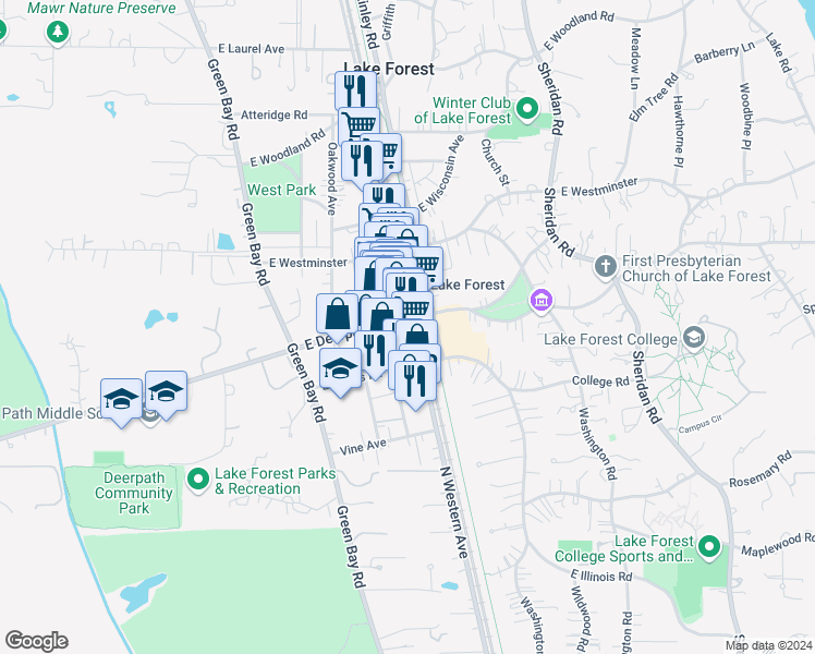 map of restaurants, bars, coffee shops, grocery stores, and more near 596 North Western Avenue in Lake Forest