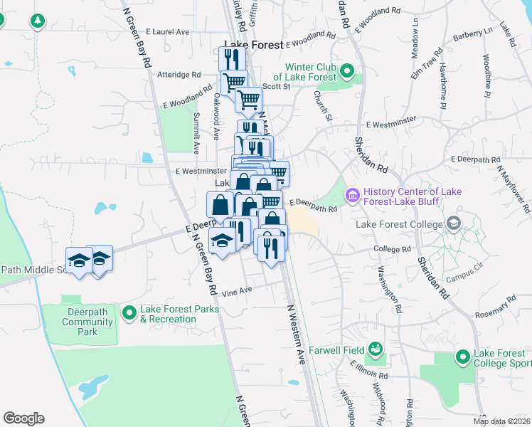 map of restaurants, bars, coffee shops, grocery stores, and more near 596 North Western Avenue in Lake Forest