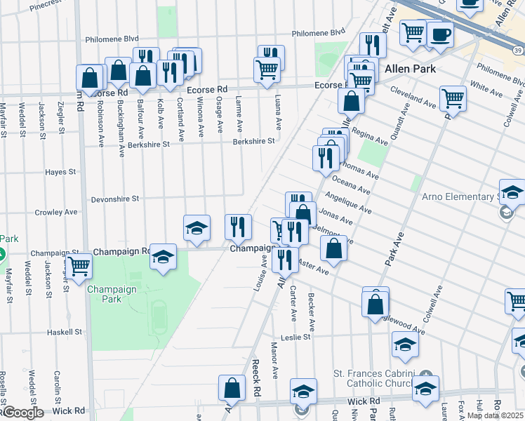 map of restaurants, bars, coffee shops, grocery stores, and more near 16235 Belmont Avenue in Allen Park