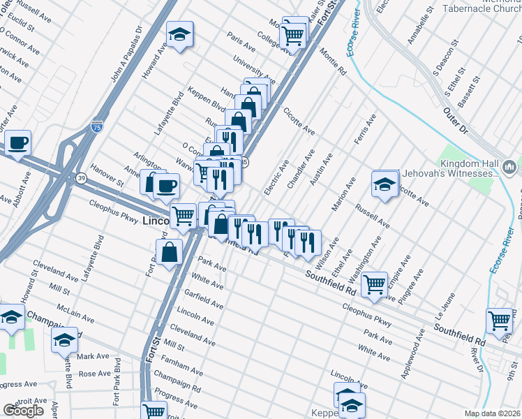 map of restaurants, bars, coffee shops, grocery stores, and more near 1703 Electric Avenue in Lincoln Park