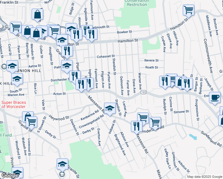 map of restaurants, bars, coffee shops, grocery stores, and more near 560 Massachusetts 122 in Worcester