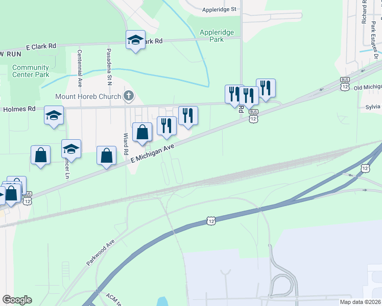 map of restaurants, bars, coffee shops, grocery stores, and more near 2800 East Michigan Avenue in Ypsilanti
