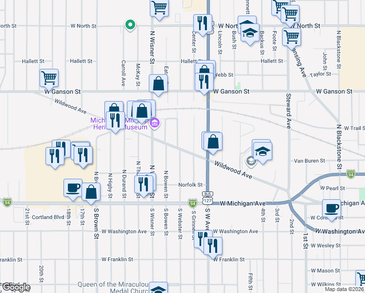 map of restaurants, bars, coffee shops, grocery stores, and more near 234 North Webster Street in Jackson