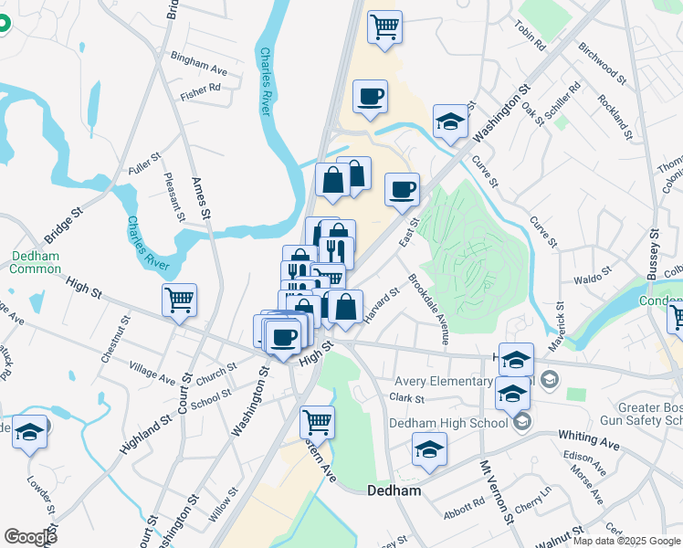 map of restaurants, bars, coffee shops, grocery stores, and more near 274 Washington Street in Dedham