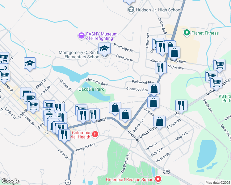map of restaurants, bars, coffee shops, grocery stores, and more near 65 Glenwood Blvd in Hudson