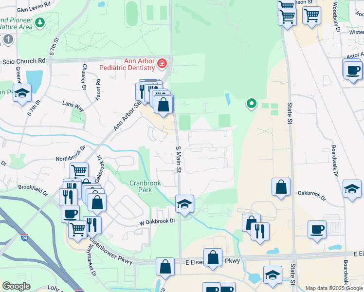 map of restaurants, bars, coffee shops, grocery stores, and more near 2455 South Main Street in Ann Arbor