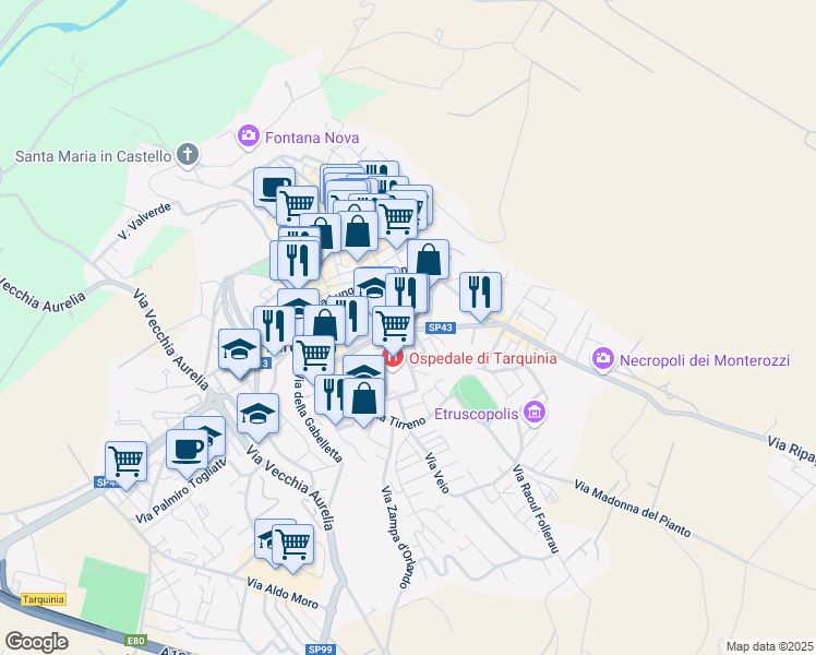 map of restaurants, bars, coffee shops, grocery stores, and more near 6 Via delle Croci in Tarquinia