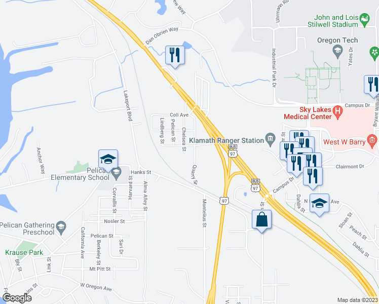 map of restaurants, bars, coffee shops, grocery stores, and more near 3336 Quarry Street in Klamath Falls