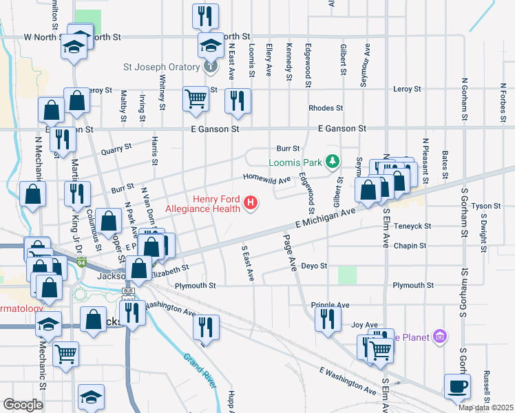 map of restaurants, bars, coffee shops, grocery stores, and more near 205 North East Avenue in Jackson