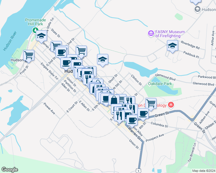 map of restaurants, bars, coffee shops, grocery stores, and more near 453 State Street in Hudson