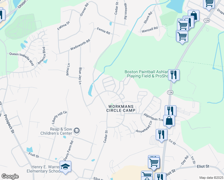 map of restaurants, bars, coffee shops, grocery stores, and more near 363 Captain Eames Circle in Ashland