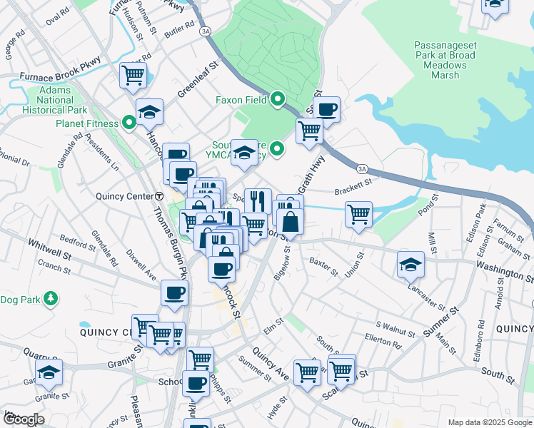 map of restaurants, bars, coffee shops, grocery stores, and more near 91 Washington Street in Quincy