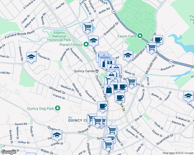 map of restaurants, bars, coffee shops, grocery stores, and more near 159 Thomas Burgin Parkway in Quincy