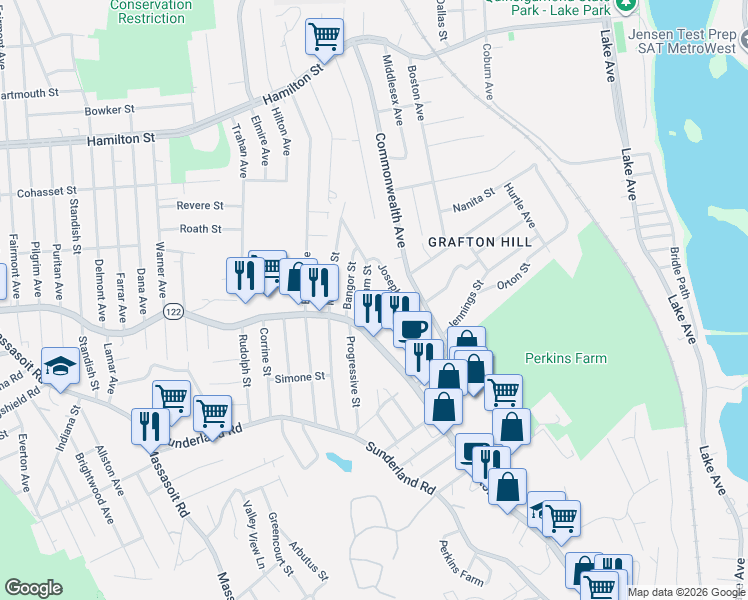 map of restaurants, bars, coffee shops, grocery stores, and more near 783 Grafton Street in Worcester