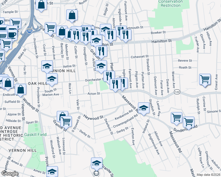 map of restaurants, bars, coffee shops, grocery stores, and more near 2 Gambier Avenue in Worcester
