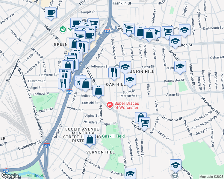 map of restaurants, bars, coffee shops, grocery stores, and more near 122 Providence Street in Worcester