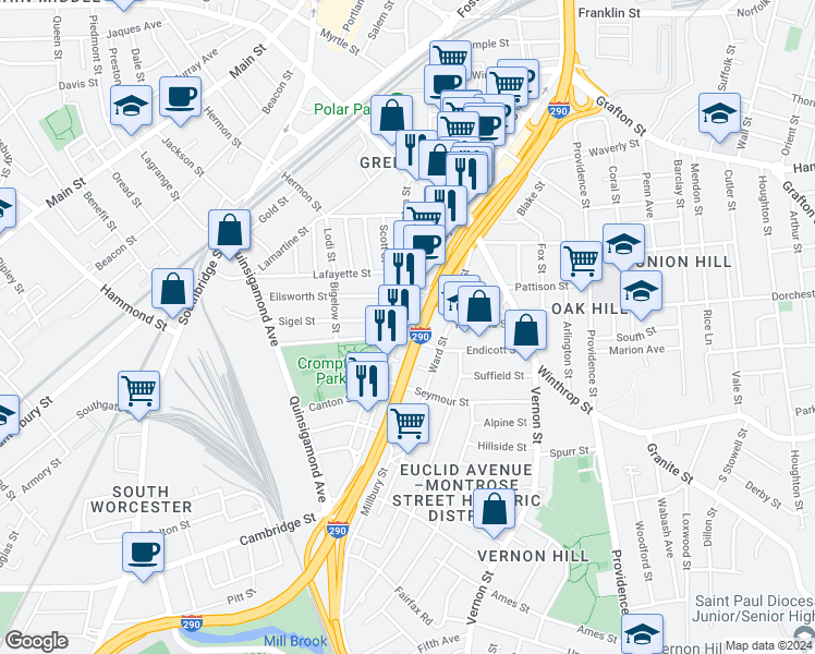map of restaurants, bars, coffee shops, grocery stores, and more near 196 Millbury Street in Worcester