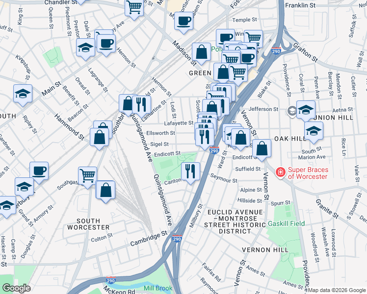 map of restaurants, bars, coffee shops, grocery stores, and more near 45 Endicott Street in Worcester