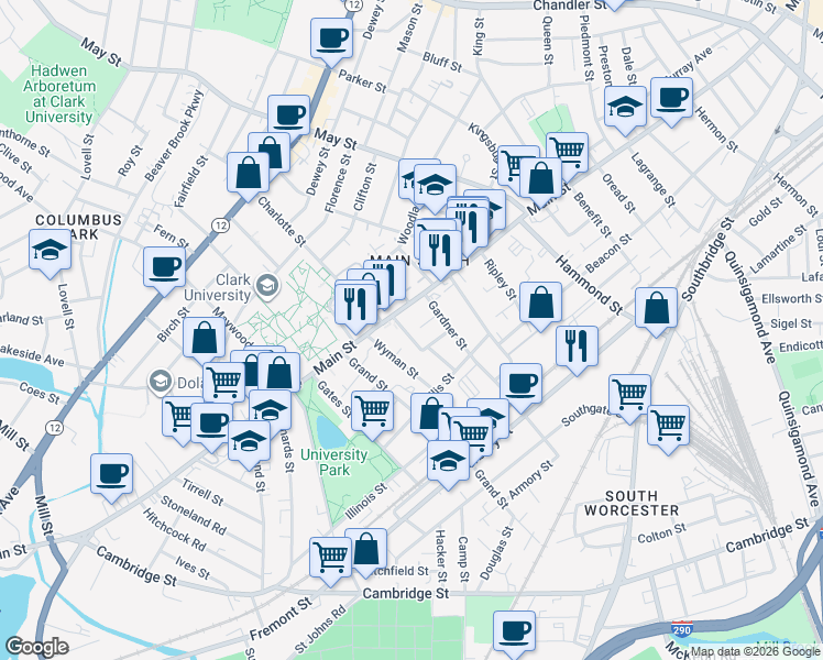 map of restaurants, bars, coffee shops, grocery stores, and more near 16 Hancock Street in Worcester