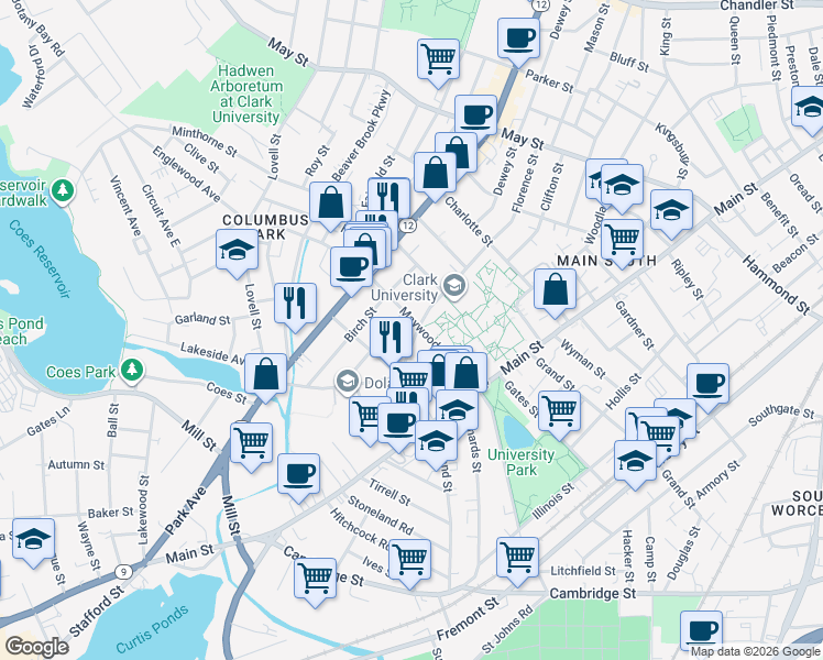 map of restaurants, bars, coffee shops, grocery stores, and more near 75 Florence Street in Worcester