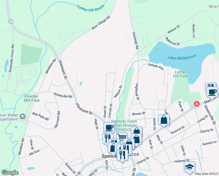 map of restaurants, bars, coffee shops, grocery stores, and more near 32 Grant Street in Spencer