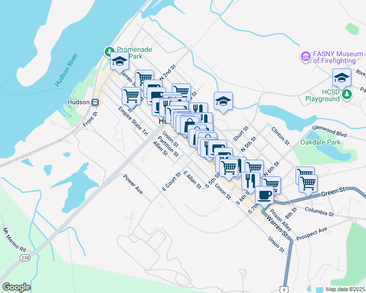 map of restaurants, bars, coffee shops, grocery stores, and more near 13 South 4th Street in Hudson