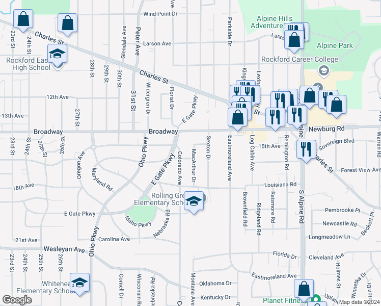 map of restaurants, bars, coffee shops, grocery stores, and more near 1623 Macarthur Drive in Rockford