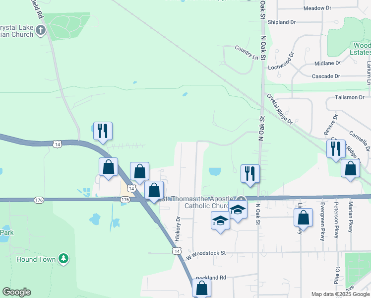 map of restaurants, bars, coffee shops, grocery stores, and more near 381 Hickory Drive in Crystal Lake