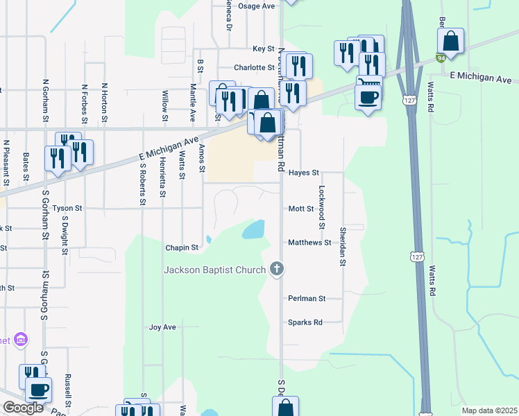 map of restaurants, bars, coffee shops, grocery stores, and more near 2900 South Dettman Road in Jackson