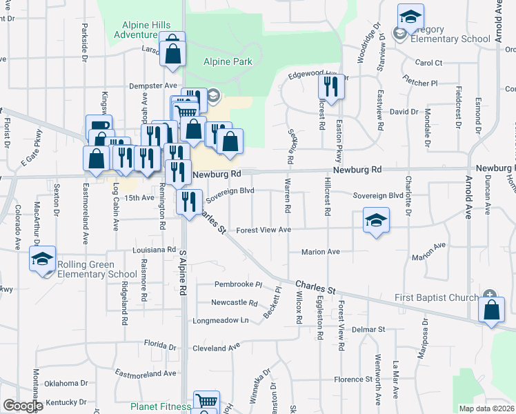 map of restaurants, bars, coffee shops, grocery stores, and more near 4324 Forest View Avenue in Rockford